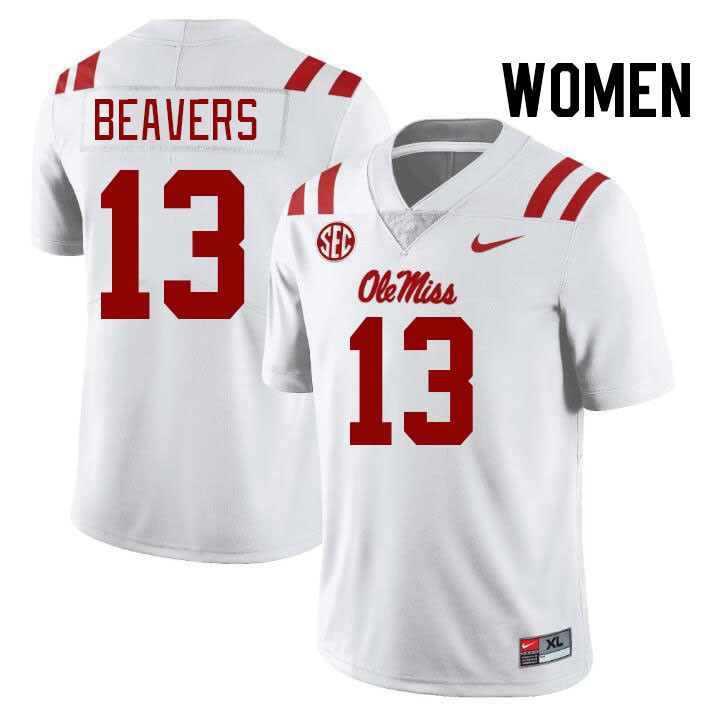 Women #13 Cedrick Beavers Ole Miss Rebels College Football Jerseys Stitched-White